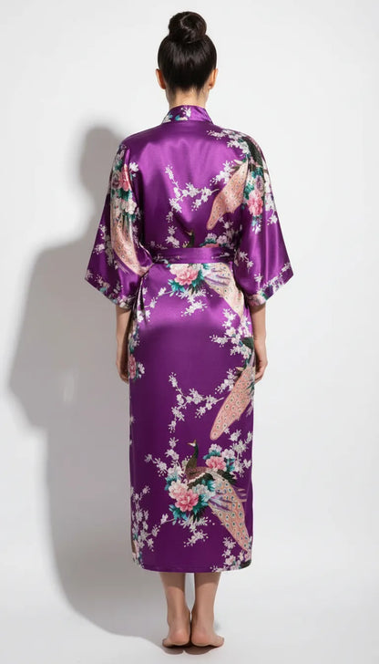 Pyjama Satin Violet et Rose Femme | Kimono Long à Imprimé Floral et Paon | 1 Pièce - Vue de dos