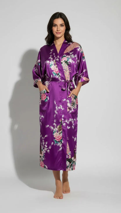 Pyjama Satin Violet et Rose Femme | Kimono Long à Imprimé Floral et Paon | 1 Pièce - Vue de face