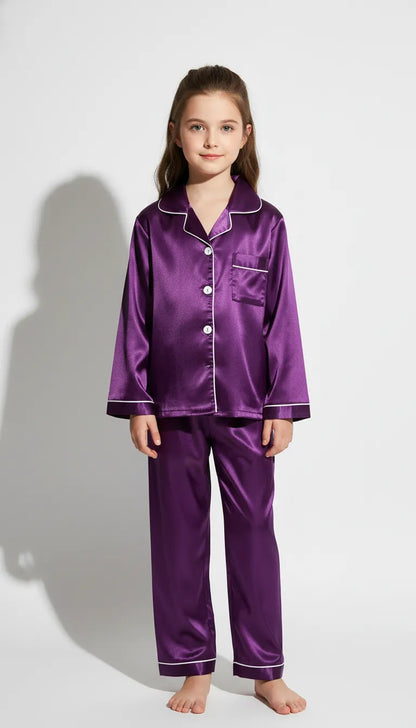 Pyjama Satin Violet pour Enfant | Ensemble Chemise & Pantalon | 2 Pièces - Vue de face