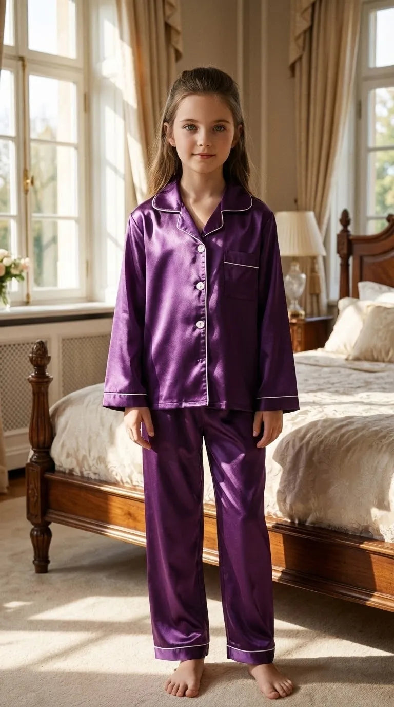 Pyjama Satin Violet pour Enfant | Ensemble Chemise & Pantalon | 2 Pièces - Mise en situation portée