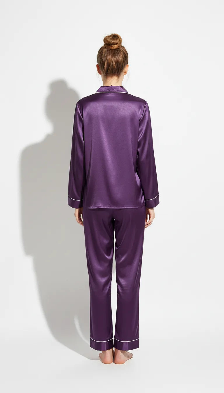 Pyjama Satin Violet pour Femme | Chemise à Manches Longues & Pantalon | Ensemble 2 Pièces - Vue de dos