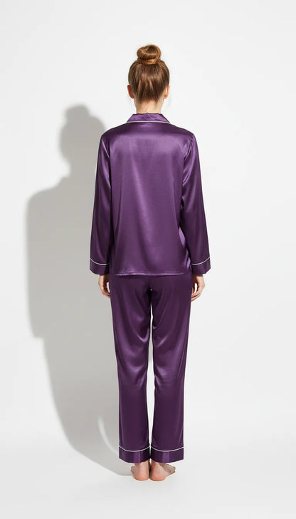 Pyjama Satin Violet pour Femme | Chemise à Manches Longues & Pantalon | Ensemble 2 Pièces - Vue de dos