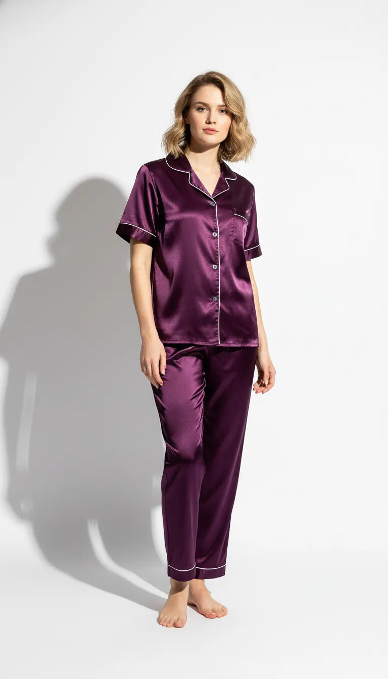 Pyjama Satin Violet pour Femme | Chic Moderne | Chemise Manches Courtes & Pantalon | 2 Pièces - Vue de face
