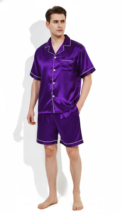 Pyjama Satin Violet pour Homme | Moderne et Chic | Chemise Manches Courtes & Short | Ensemble 2 Pièces. - Vue de face