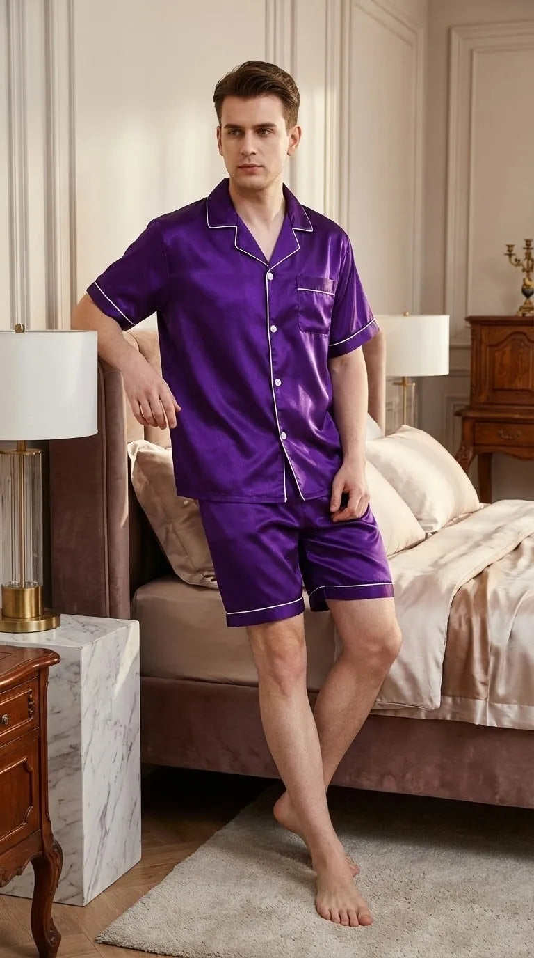 Pyjama Satin Violet pour Homme | Moderne et Chic | Chemise Manches Courtes & Short | Ensemble 2 Pièces. - Mise en situation portée